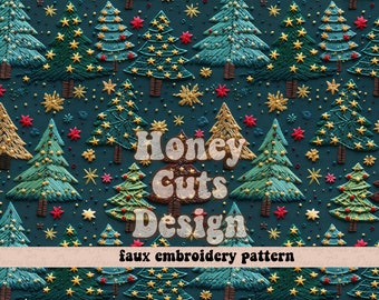 Christmas Embroidery seamless pattern digital file for fabric printing, Cottage core boho, Sage green embroidered trees, spruce trees