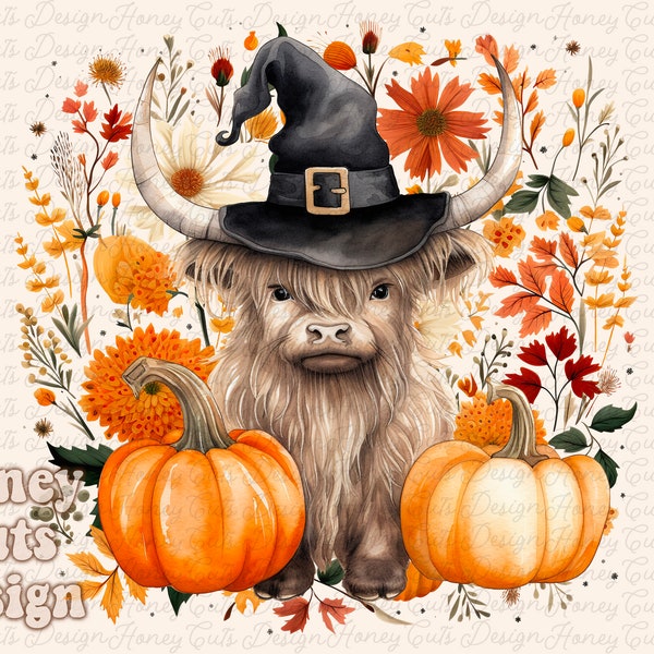 Halloween PNG, Highland Cow, Autumn sublimation design, Fall PNG, Pumpkins, leaves PNG, Watercolor Sublimation, Instant download, Cute cow