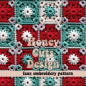 Embroidery crochet knitted granny square seamless pattern Winter seamless fabric printing, Cottage core, Christmas digital paper Teal Red