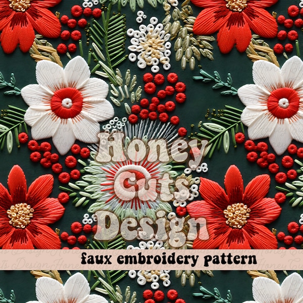 Embroidery seamless pattern, Christmas seamless file for fabric printing, Cottage core Red and green embroidered poinsettias digital files