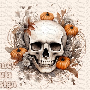 Halloween PNG, Spooky Skull, Autumn sublimation design, Fall PNG, Pumpkins, leaves PNG, Watercolor Sublimation, Instant download, Ghouls