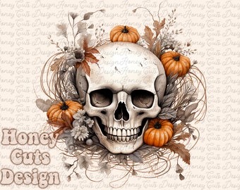 Halloween PNG, Spooky Skull, Autumn sublimation design, Fall PNG, Pumpkins, leaves PNG, Watercolor Sublimation, Instant download, Ghouls