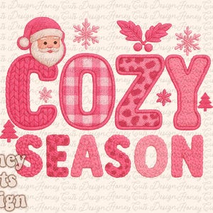 May include: Pink and white graphic design with the words "COZY SEASON" in a variety of patterns and textures. Includes a Santa Claus, snowflakes, and a Christmas tree.