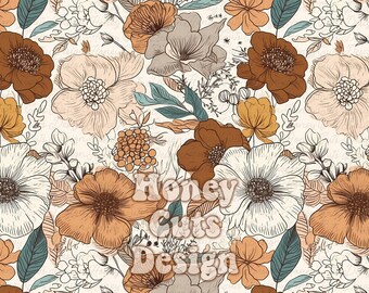 Earth tone Summer seamless pattern, Floral Seamless file, Retro chic wildflowers flowers digital paper fabric printing Spring digital file
