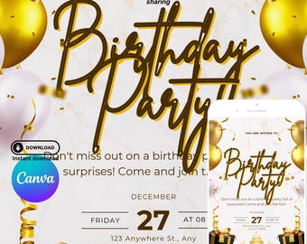 Könnte beinhalten: Digitale Geburtstagseinladungsvorlage mit goldenen und schwarzen Akzenten. Das Design umfasst Ballons, Geschenkboxen und ein Smartphone-Modell. Die Einladung ist in zwei Größen zum Drucken und Teilen erhältlich.