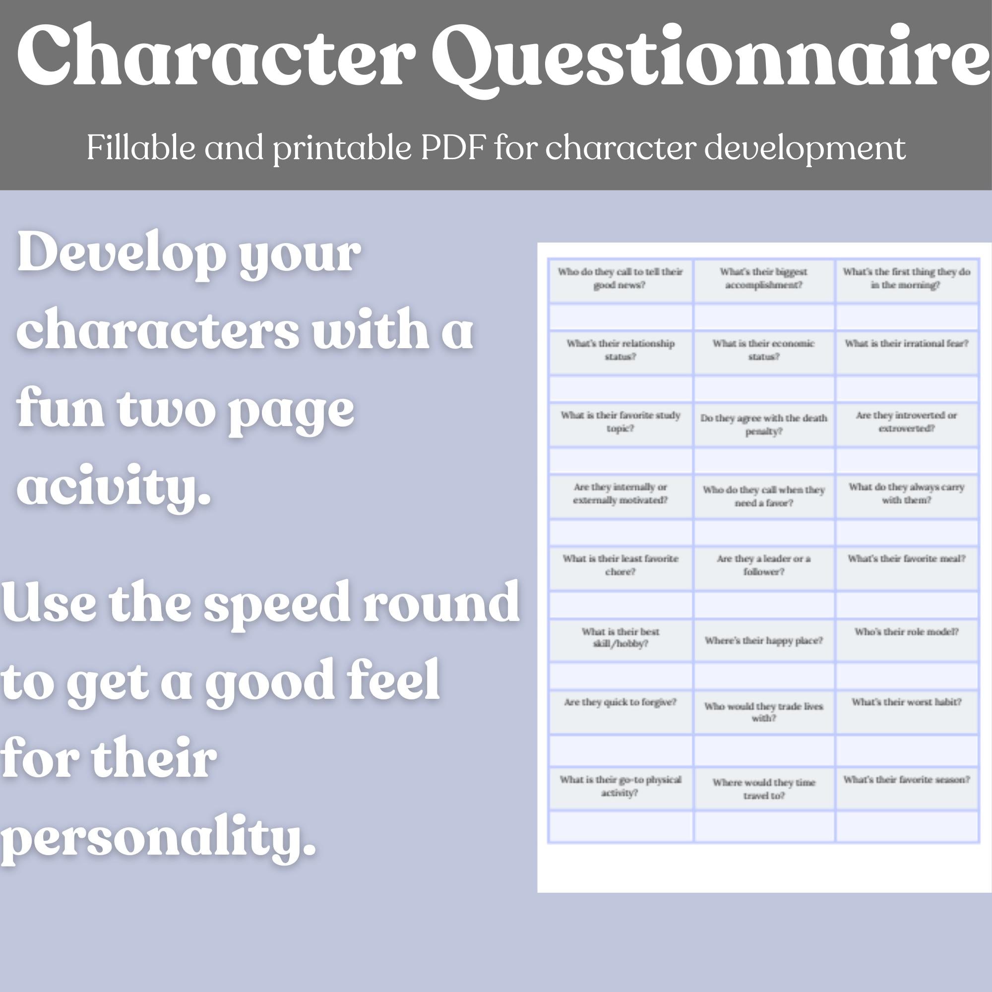 Character Questionnaire: Fillable PDF for Novel Writing (digital ...