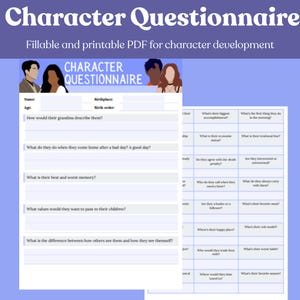 May include: A character questionnaire PDF with a purple background and the title "Character Questionnaire." The form includes sections for name, age, and other details, designed for character development.