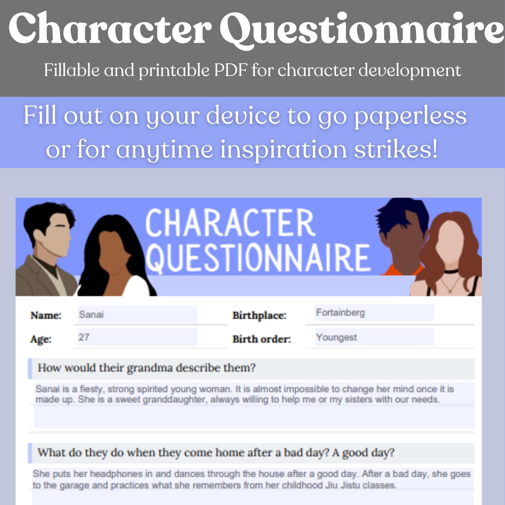Character Questionnaire: Fillable PDF for Novel Writing (digital ...