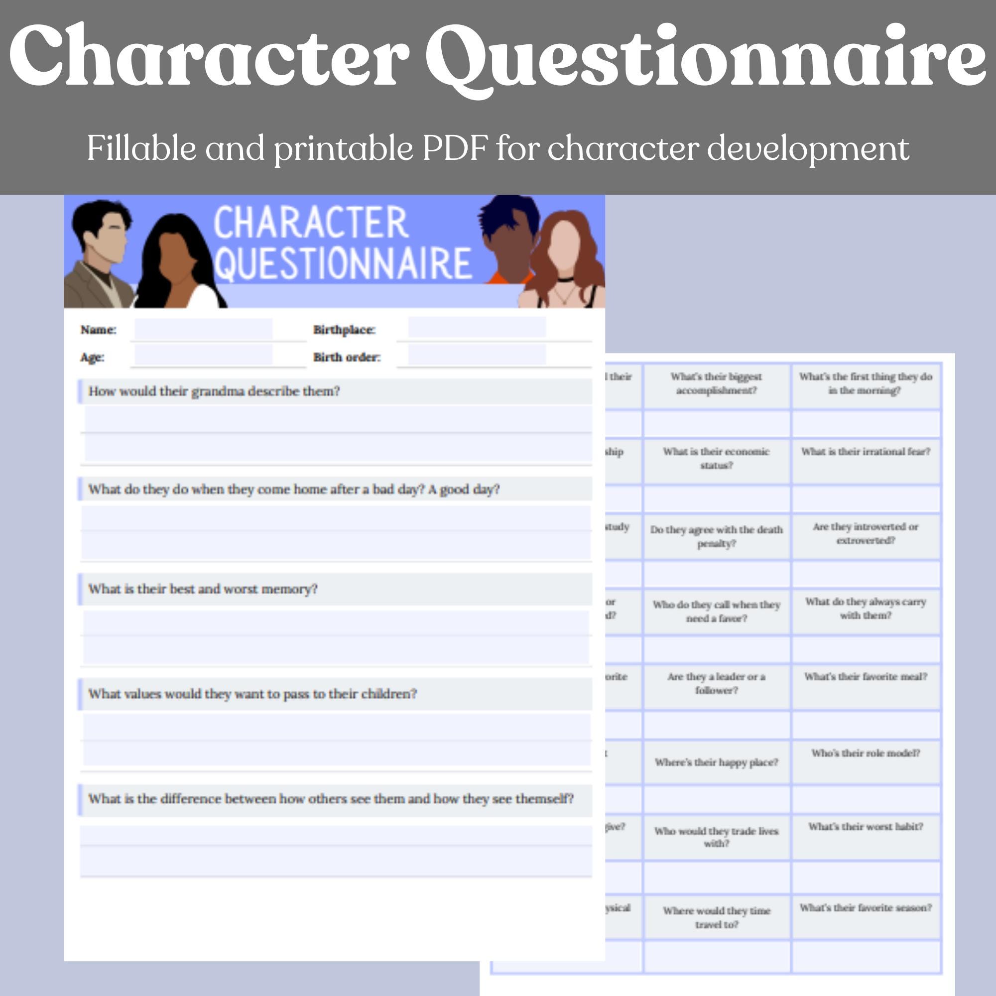Character Questionnaire: Fillable PDF for Novel Writing (digital ...