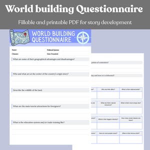 May include: A light blue and white world-building questionnaire PDF. The document includes prompts for story development, such as climate, political system, and tourist attractions. The title "World Building Questionnaire" is at the top.