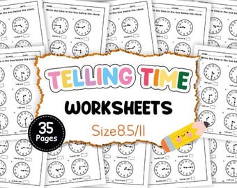 May include: A set of 35 printable telling time worksheets for kids. The worksheets feature analog clocks with different times, and students are asked to write the time in the box below each clock. The worksheets are 8.5 inches by 11 inches.