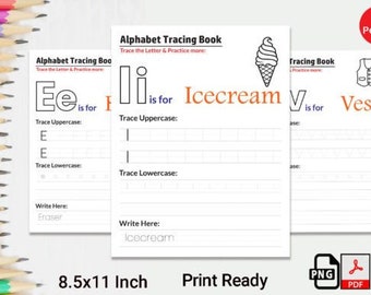 May include: A printable alphabet tracing book with 26 pages. Each page features a letter of the alphabet, a picture, and a word to trace. The letters are E, I, and V. The pictures are an eraser, ice cream, and a vest. The words are "eraser", "icecream", and "vest".