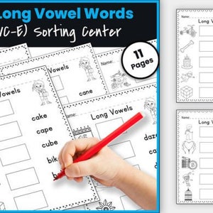 May include: Black and white printable worksheets for a long vowel sorting centre. The worksheets feature pictures of a bike, cake, cape, cube, and other objects. The text "55 Long Vowel Words (CVC-E) Sorting Centre" is at the top of the page. The text "11 Pages" is in a blue circle.