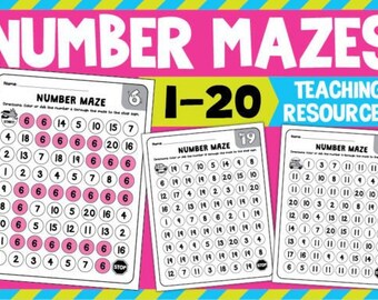 Number Mazes 1-20 Printable | Dot to Dot Number Activity | Preschool Math Worksheet | Counting Practice | Digital Download