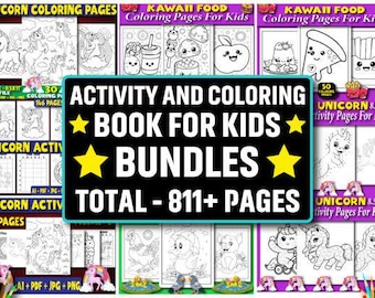 Puede incluir: Un collage de imágenes que muestran libros para colorear y de actividades para niños. Las imágenes presentan varios temas, incluyendo unicornios, comida kawaii y otros personajes lindos. El texto en la imagen dice "Libro de actividades y para colorear para niños Paquetes - Total 811+ páginas".
