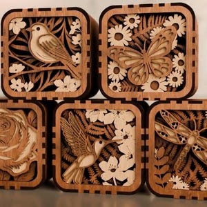 May include: Five wooden boxes with intricate laser-cut designs. Each box features a different nature-themed motif: a bird, a butterfly, a rose, a hummingbird, and a dragonfly. The boxes are square with a dark brown background and light brown details.