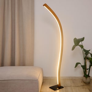 double curved floor lamp - Fulgor, modern floor lamp, unusual floor lamp, solid oak, LED floor lamp, dimmable, handmade