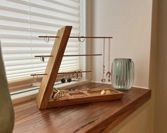 Oak wood jewelry stand, jewelry storage - for all types of jewelry, for necklaces & rings, an elegant gift for her