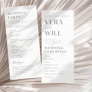 May include: Two elegant wedding ceremony programs. The left program lists the wedding party, including the bride's and groom's parents, officiant, and bridesmaids. The right program welcomes guests to Vera and Will's wedding.