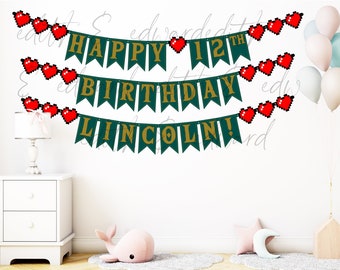 May include: A festive birthday banner with the text "HAPPY 12TH BIRTHDAY LINCOLN!" in gold lettering on green pennants. Pixelated red hearts and balloons in pastel colors decorate the scene, creating a celebratory atmosphere.