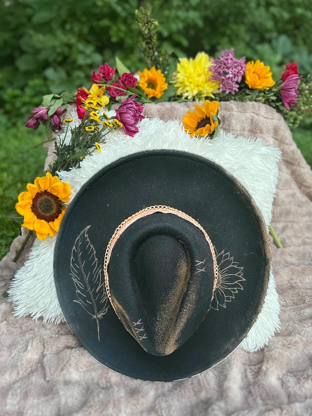 Feather and Wild Flowers Cowboy Fedora Hat, Customized  display picture 2