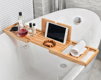 Bath Tub Tray with Glass Holder, Wood Bath Tray with iPad Stand, Best Mothers Day Gift, Bath Board Gift for Her, Romantic Gift, Natural Wood