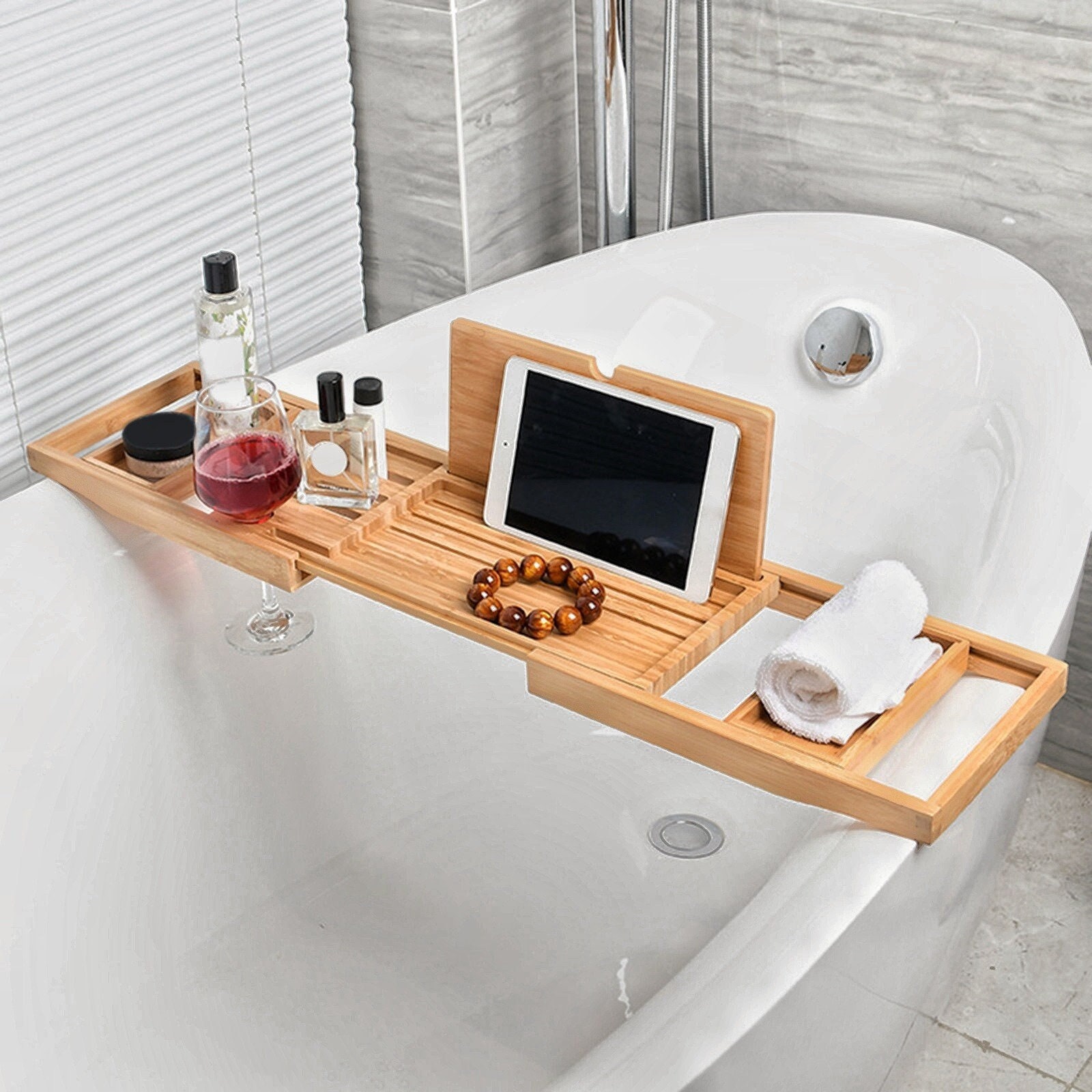 Bamfan Bath Caddy Tray for Bathtub - Bamboo Adjustable Organizer Tray for Bathroom with Free Soap Dish Suitable for Luxury Spa or