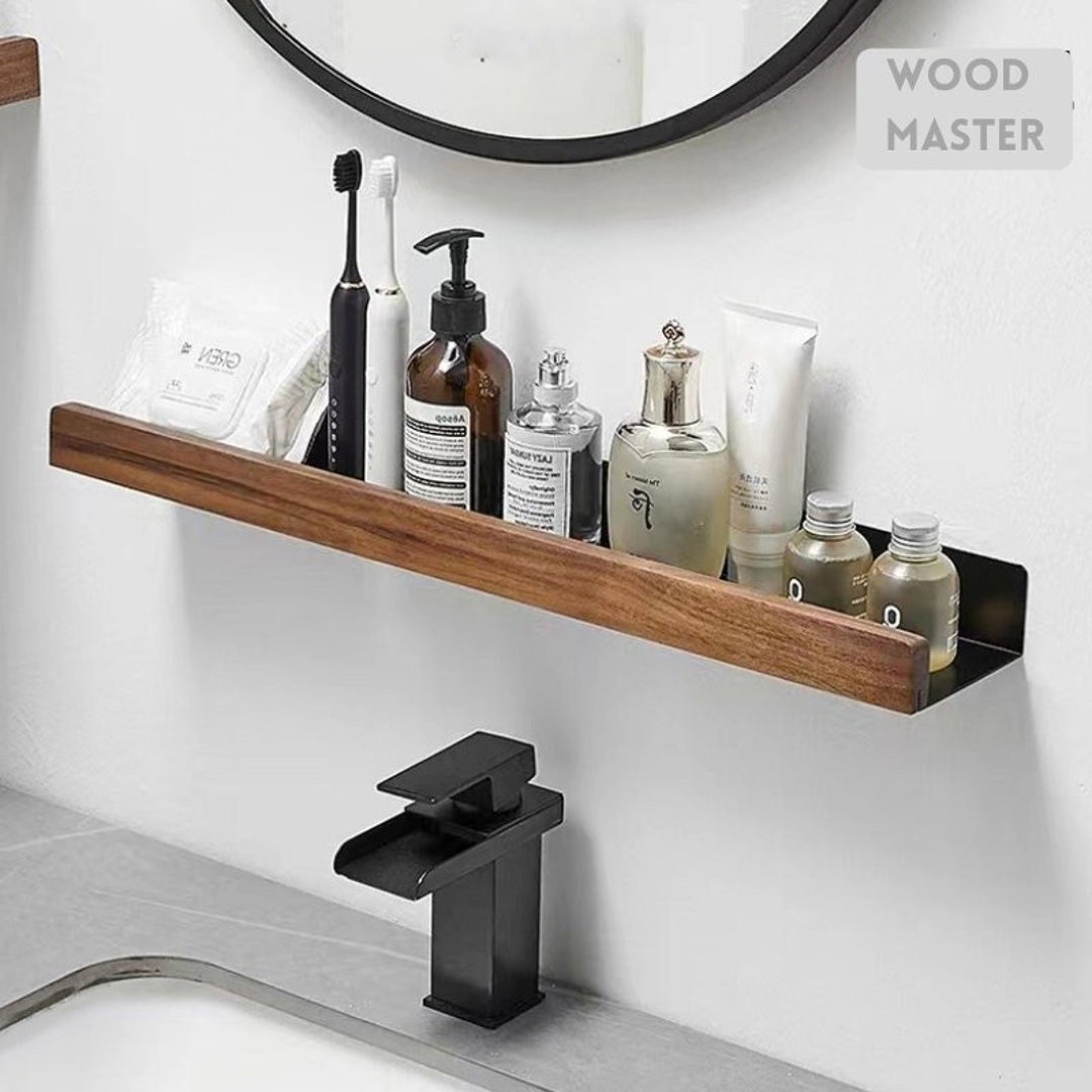 Black Walnut Wooden Bathroom Shelf, Wooden Wall Mounted Bathroom Décor
