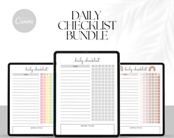 May include: Three printable daily checklist templates with a simple design. Each template has a section for tasks, notes, and days of the week. The templates are customizable and feature different color schemes.
