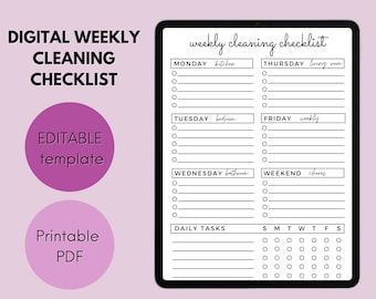 Könnte beinhalten: Eine digitale wöchentliche Reinigungscheckliste mit einem schwarz-weißen Design. Die Checkliste enthält Abschnitte für Montag bis Sonntag mit Platz zum Eintragen von Aufgaben für jeden Tag. Es gibt auch einen Abschnitt für tägliche Aufgaben und ein Kalenderrraster.