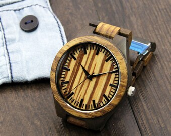 Zebrawood Watch with Personalized Message~  Engraved Wood~ wooden band~ for him~ Father's Day~ Christmas~ Valentine Gift~ groomsmen gift