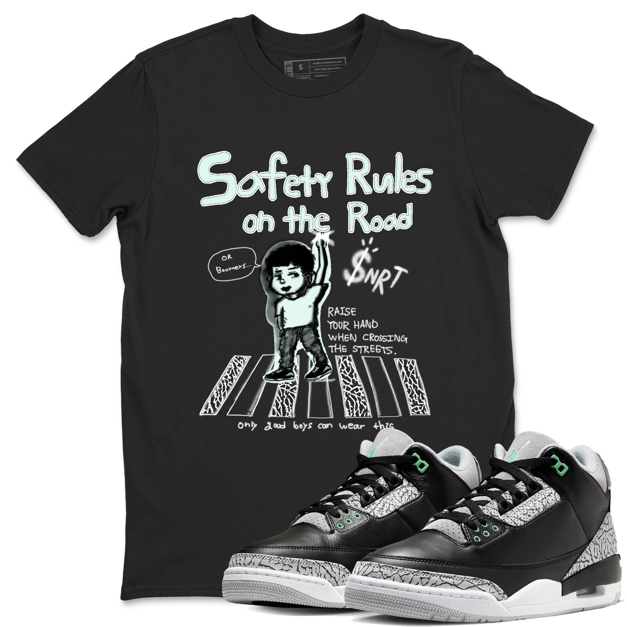 Safety Rules On The Road Sneaker Tee - Unisex Cotton Sneaker Shirts To Match Jordans 3s Green Glow