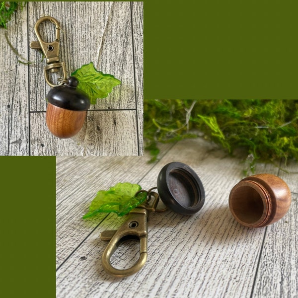 Wood Screw Top Acorn keychain purse charm stash container emergency pill storage ash canister ear plug holder Green leaf cottage core