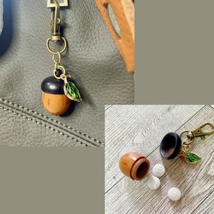 Acorn Canister Keychain Green Enameled Gold Leaf Cottage Core Mental Health Emergency Pill Stash