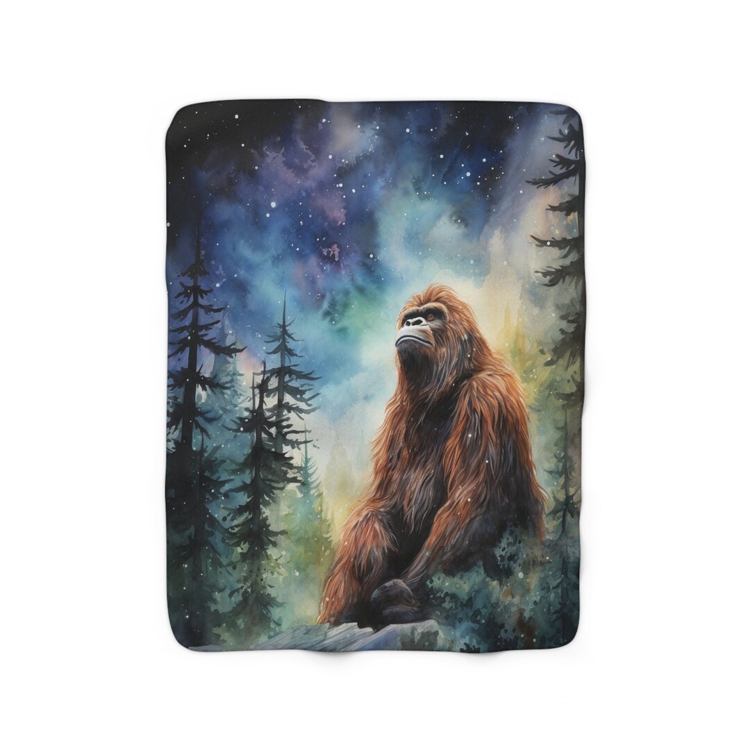 Bigfoot Stargazing Watercolor Art Style Sherpa Fleece Blanket, Artsy Sasquatch Décor, Wilderness