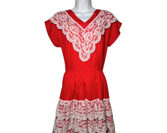 Vintage 50s Western Swing Dance Dress Red White Lace Ruffle Coquette Rockabilly