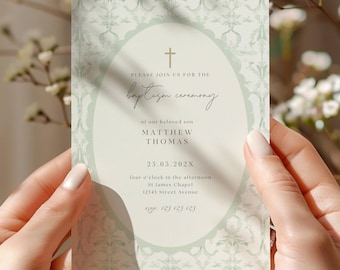 Greenery Baptism Invitation, Baptism Invitation Greenery, Baptism Invitation Sage Green, Green Invitation Baptism Template, Girl Boy