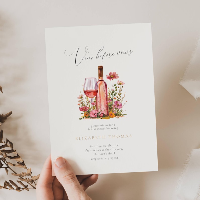 Vino Before Vows Bridal Shower Invitation: Wine Theme (Editable Template), Floral Vino Before Vows Bridal Shower Invitation Template
