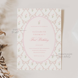 Vintage Pink Bow Floral Birthday Invitation, Elegant Coquette Bow Floral Birthday Invitation, First Birthday Preppy Bow Birthday Invitation Template