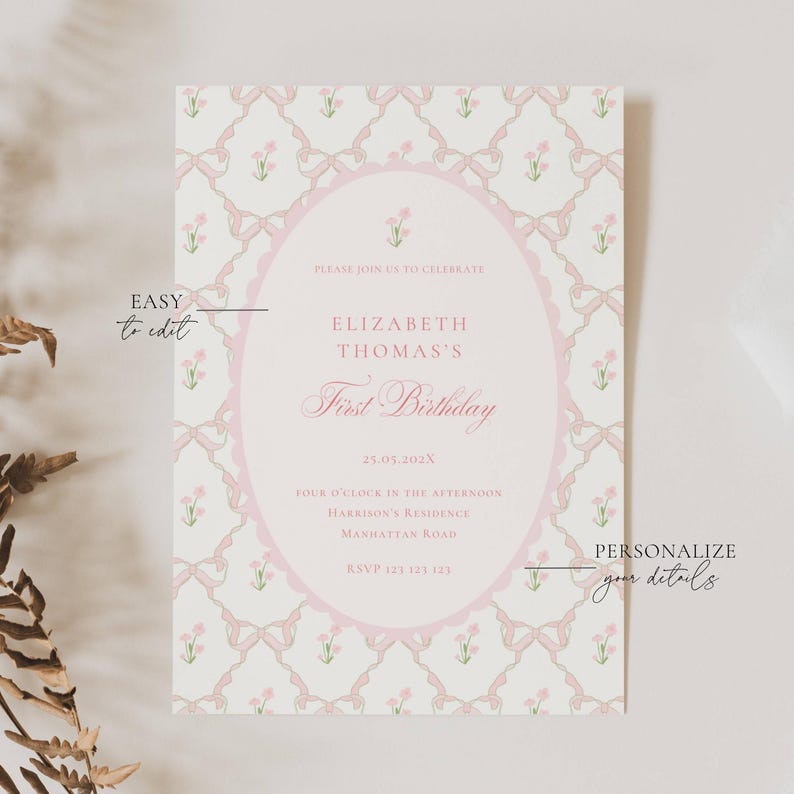 Vintage Pink Bow Floral Birthday Invitation, Elegant Coquette Bow Floral Birthday Invitation, First Birthday Preppy Bow Birthday Invitation Template