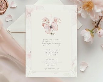 Butterfly Baptism Invitation, Butterfly Christening Invitation, Pink Butterfly Baptism Invitation, Pink Butterfly Girl Christening