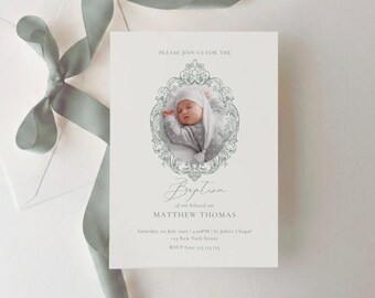 Sage Green Baptism Invitation Template with Photo, Vintage Frame (Editable Template)