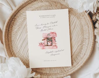 Invitación para despedida de soltera con temática de café, El amor está en el aire, Cafetera rosa (Plantilla editable)