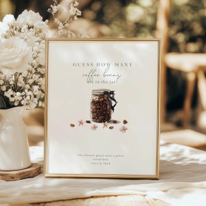 Quanti chicchi di caffè ci sono nel barattolo, cartello e scheda di risposta, cartello per feste a tema caffè, il bambino sta per nascere, invito per baby shower a tema caffè, SH01