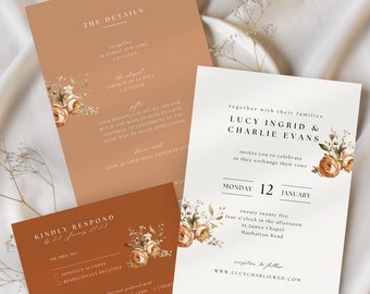 Wedding Invitation RSVP Burnt Orange Floral, Burnt Orange Wedding Invitation with QR Code, Floral Wedding Template, Boho Orange Floral, WD01