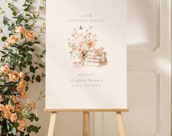 Next Chapter Baby Shower Welcome Sign: New Chapter, Storybook, Floral, Gender Neutral (Editable Template)