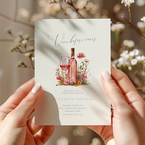 Vino Before Vows Bridal Shower Invitation: Wine Theme (Editable Template), Floral