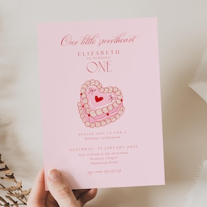 Our Little Sweetheart Is One, Sweetheart Turning One Invitations, Valentine First Birthday, Pink Hearts First Birthday Party Invitation VB01