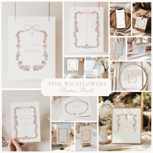 Pink Wildflower Baptism Invitation: Pink Florals, Garden Flowers, Pink Christening (Editable Template), Bundle
