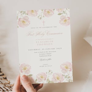 Pink First Holy Communion Invitation Template, Pink Floral First Holy Communion Invite, Girl First Holy Communion Invite, 1st Communion BP01